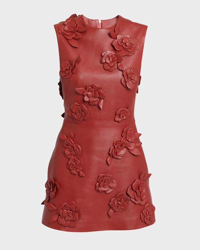 Flower-Applique Sleeveless Nappa Leather Mini Dress Product Image