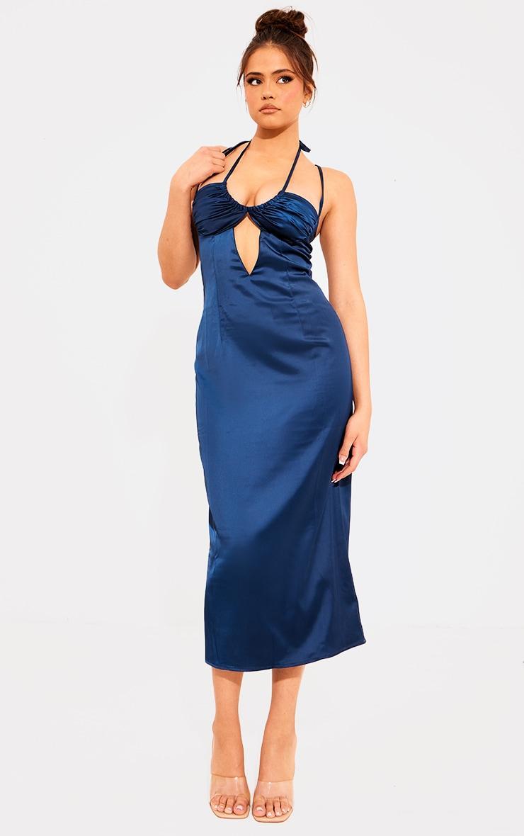 Navy Satin Halter Neck Midi Dress product image