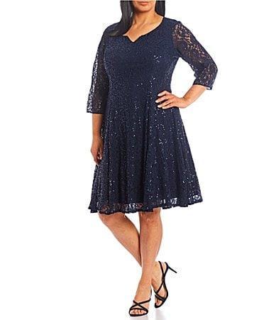 Ignite Evenings Plus Size 34 Sleeve V-Neck Sequin Lace A Product Image