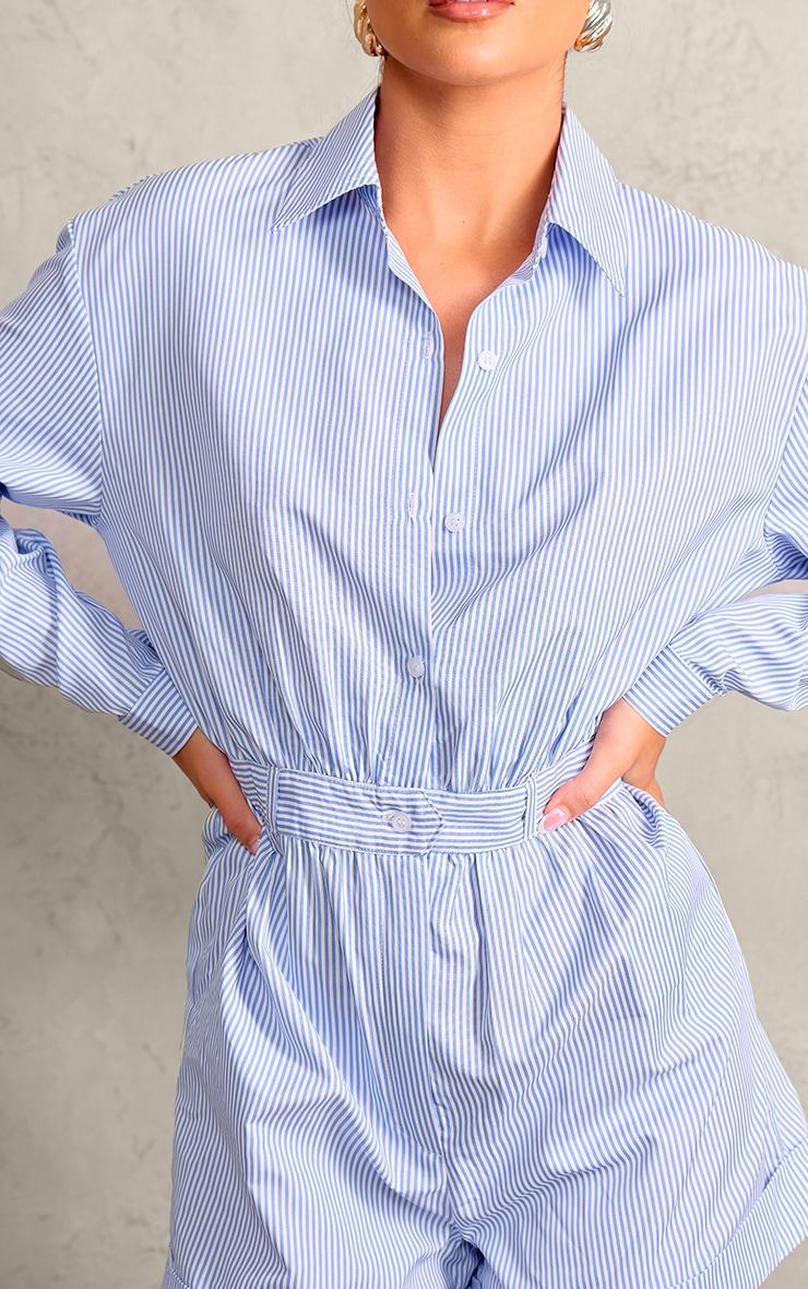 Blue Pinstripe Button Up Shirt Detail Romper Product Image