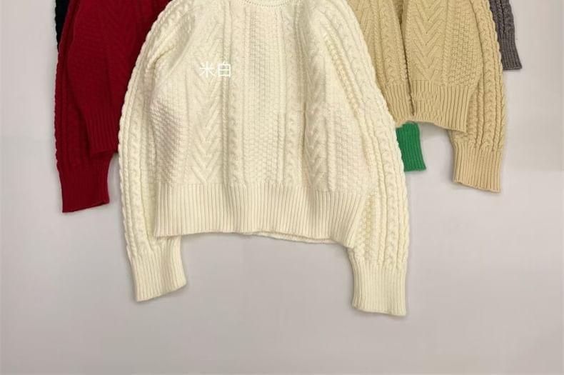 Crew Neck Plain Cable Knit Sweater Product Image