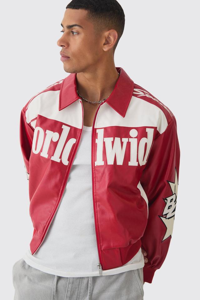 Boxy Worldwide Collared PU Bomber Jacket In Red | boohooMAN USA Product Image