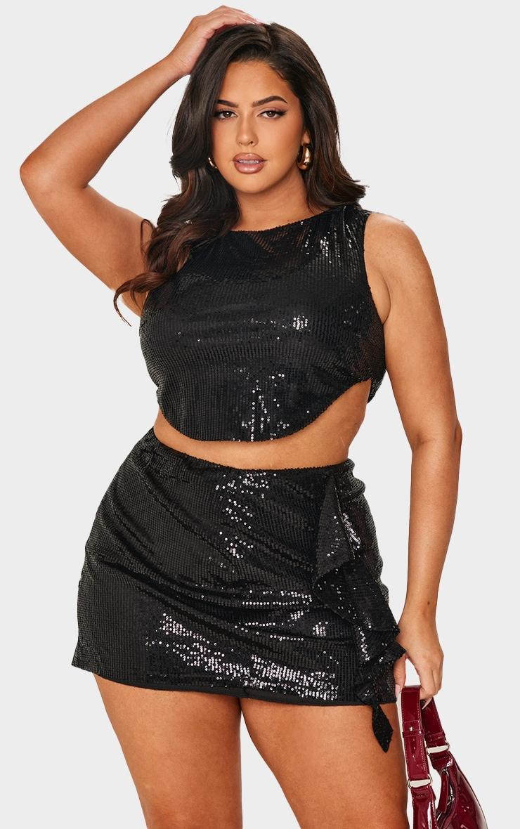 Plus Black Sequin Dip Hem Crop Top product image