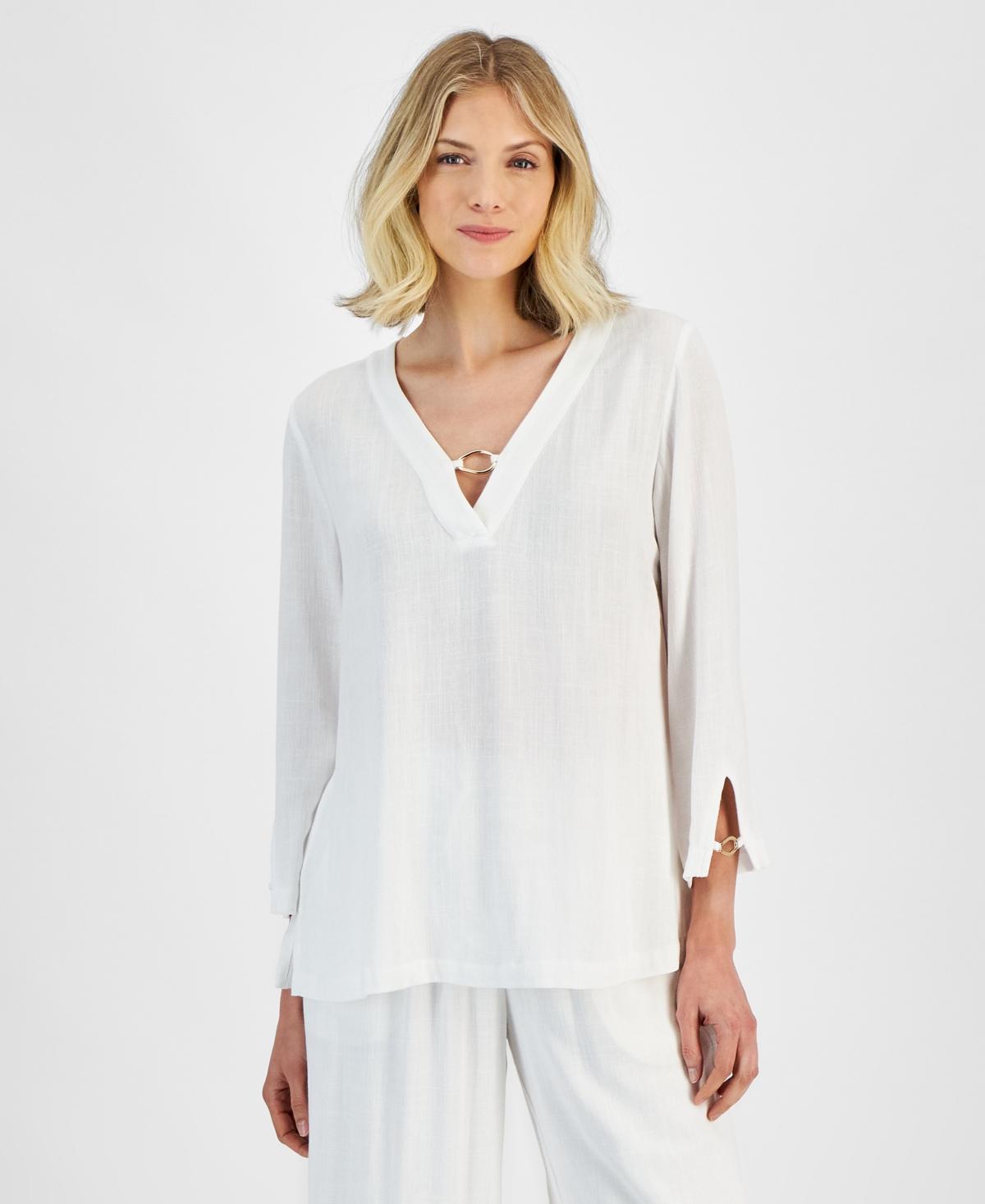 Jm Collection Womens Linen Blend Split-Cuff Long-Sleeve O-Ring Top, Created for Macys Product Image