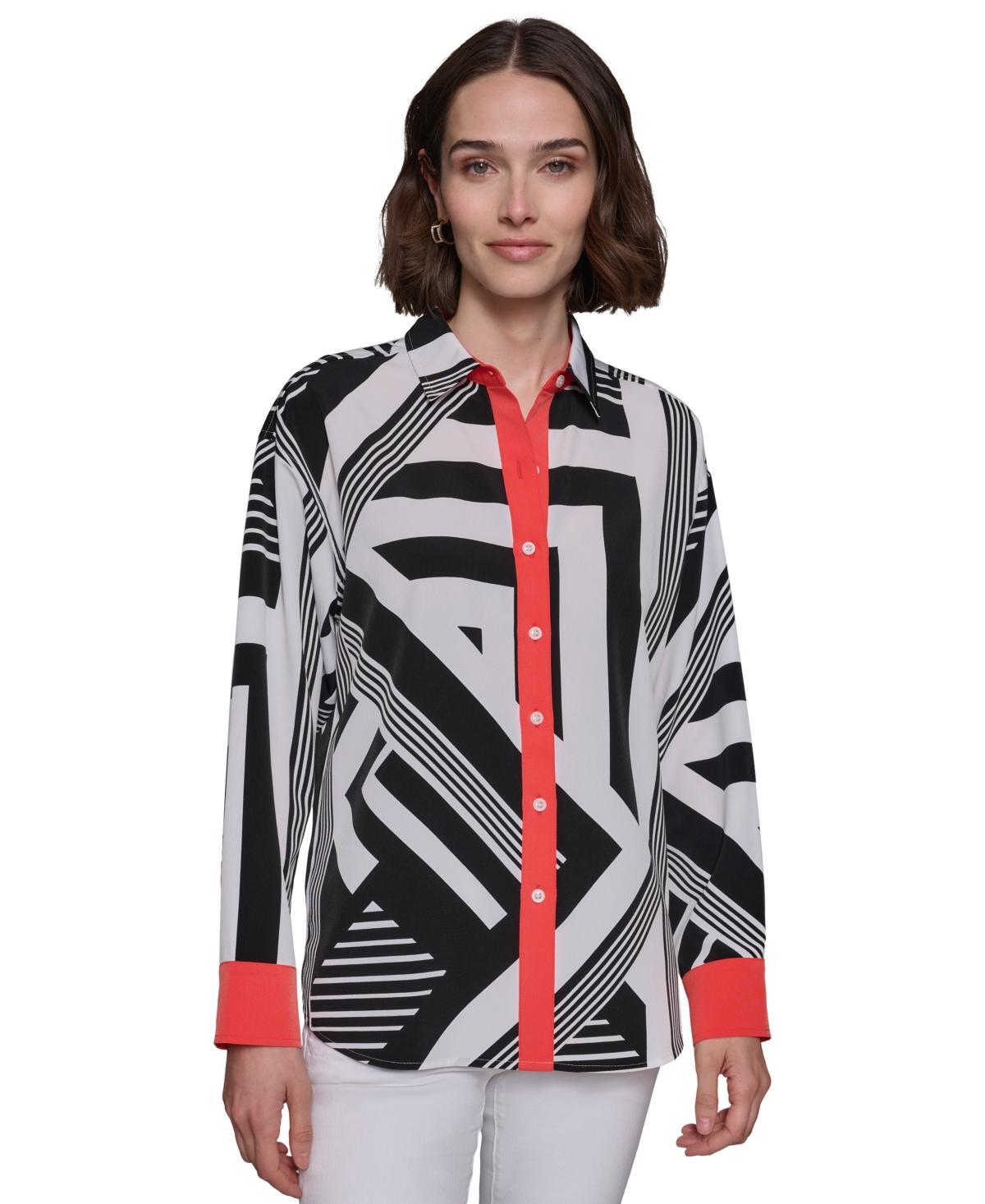 Karl Lagerfeld Paris Womens Geo-Print Oversized Button-Down Top Product Image