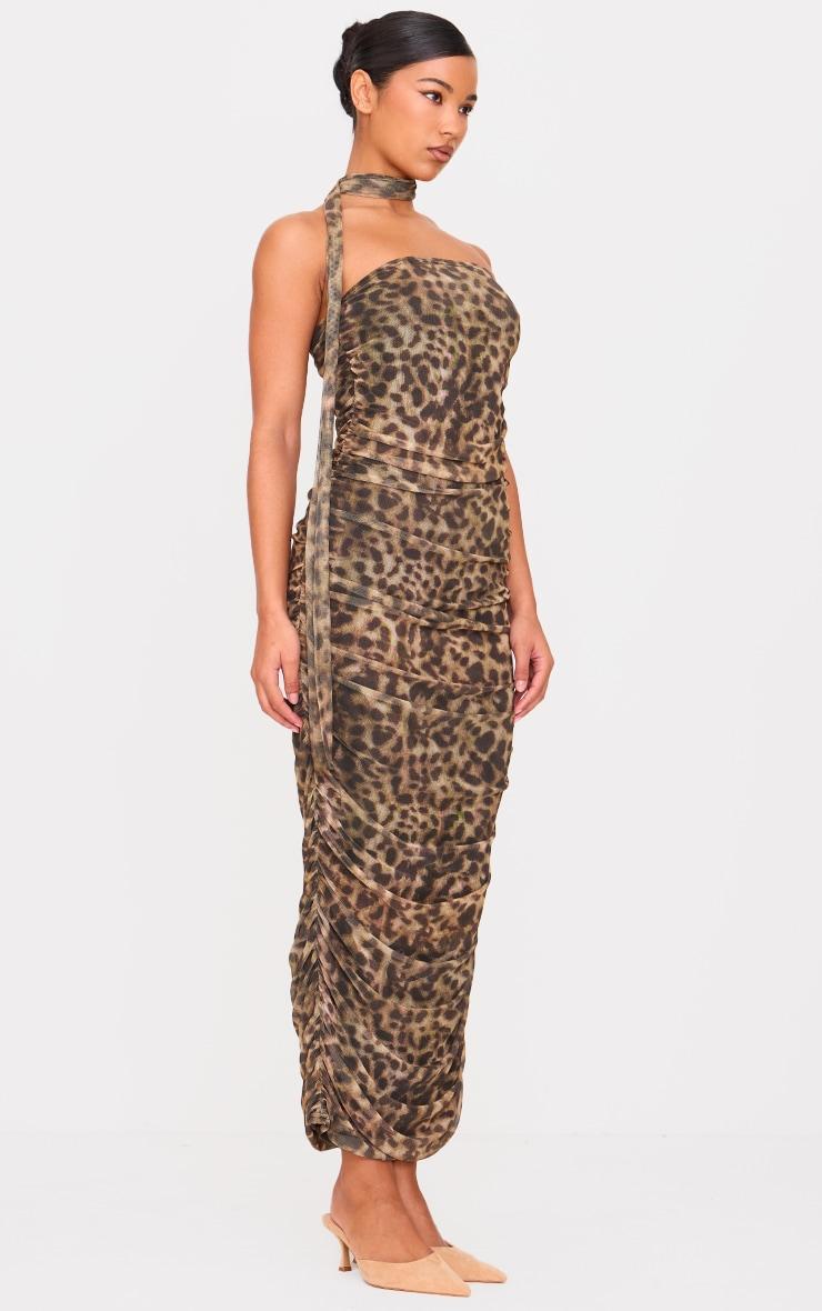 Brown Leopard Print Mesh Bandeau Scarf Maxi Dress Product Image