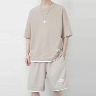 Set: Short-Sleeve Crew Neck Mock Two Piece Waffle T-Shirt + Drawstring Waist Sweat Shorts Product Image