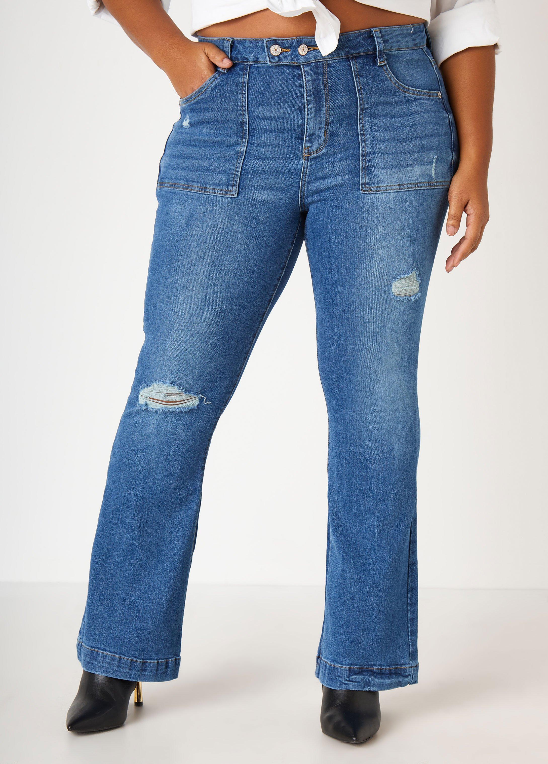 Plus Size Distressed High Rise Flared Jeans Ashley Stewart product image