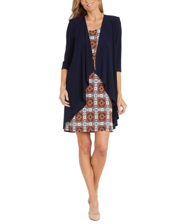 Petite R&M Richards High-Low Ruffly Cardigan Jacket & Geometric Puff Print Mini Dress Set, Womens Blue Clay Product Image