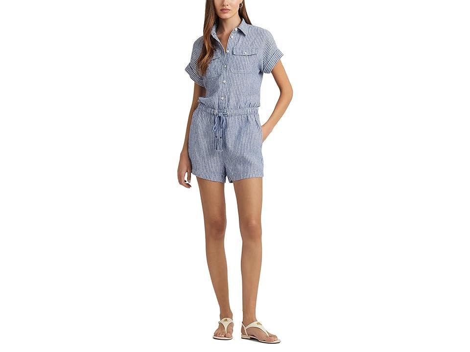 Lauren Ralph Lauren Pinstripe Linen Shorts-Sleeve Romper White) Women's Jumpsuit & Rompers One Piece Product Image