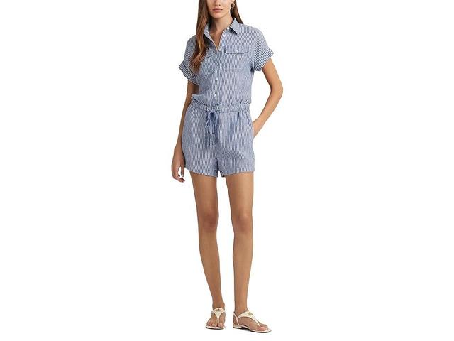 LAUREN Ralph Lauren Pinstripe Linen Shorts-Sleeve Romper White) Women's Jumpsuit & Rompers One Piece Product Image