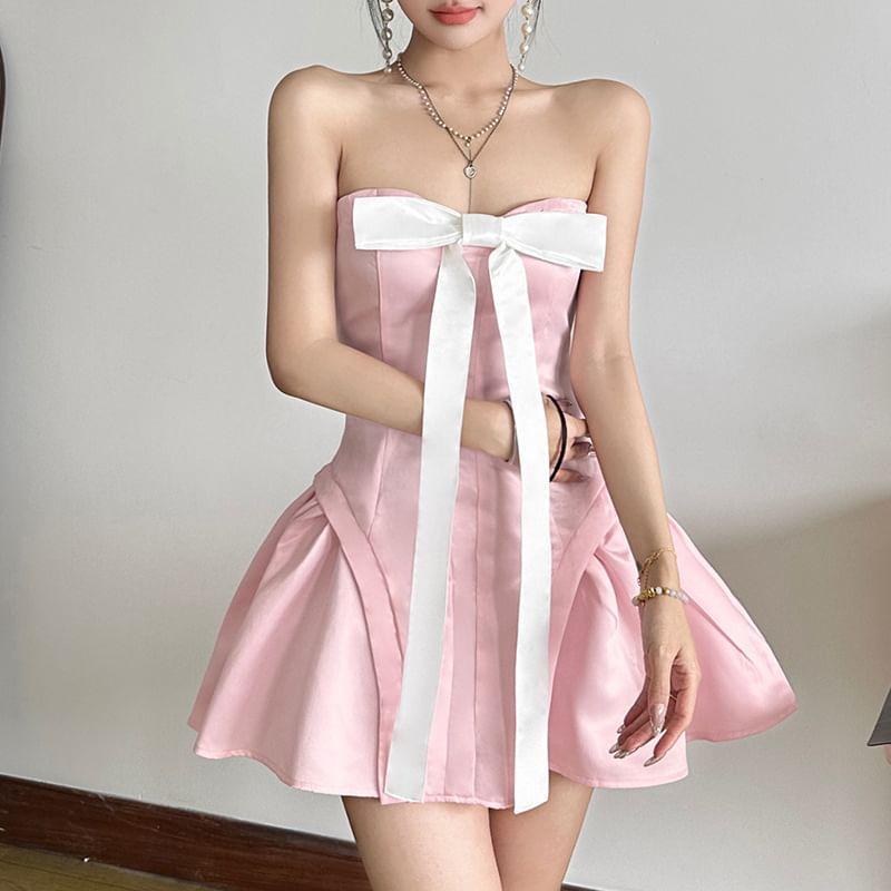 Bow Panel Satin Mini A-Line Tube Dress Product Image