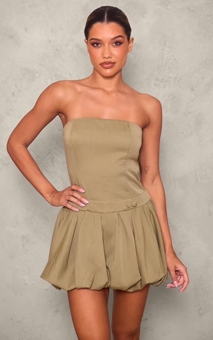 Khaki Bandeau Boned Puffball Mini Dress Product Image