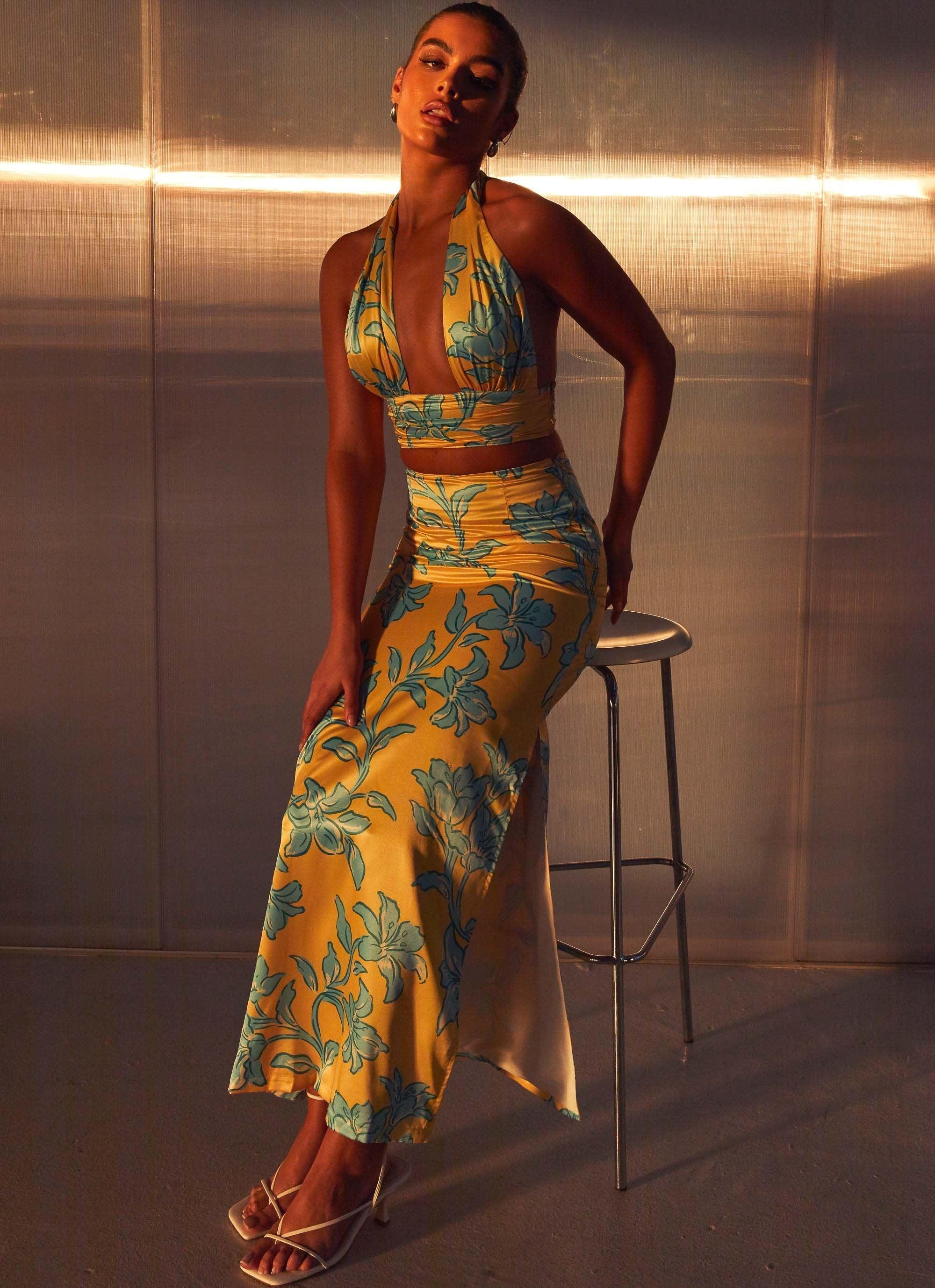 Amalia Satin Maxi Skirt - Golden Bloom Product Image