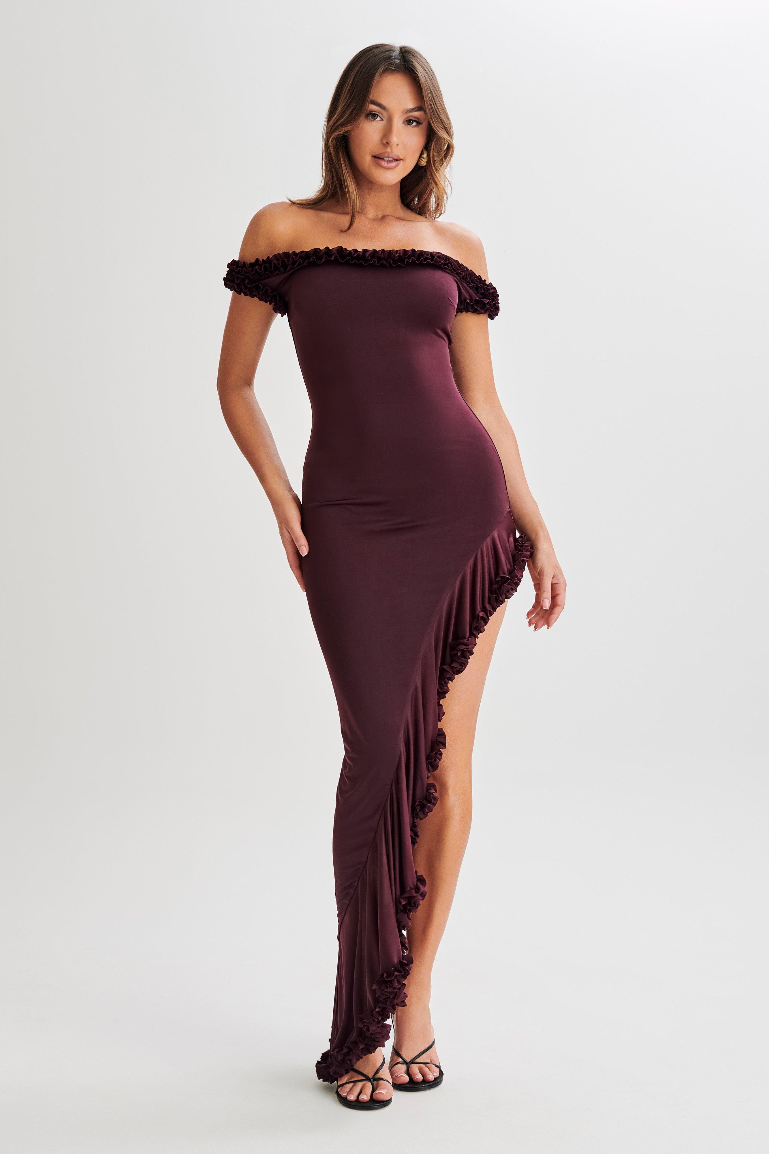 Arielle Off Shoulder Ruffle Midi Dress - Plum Product Image