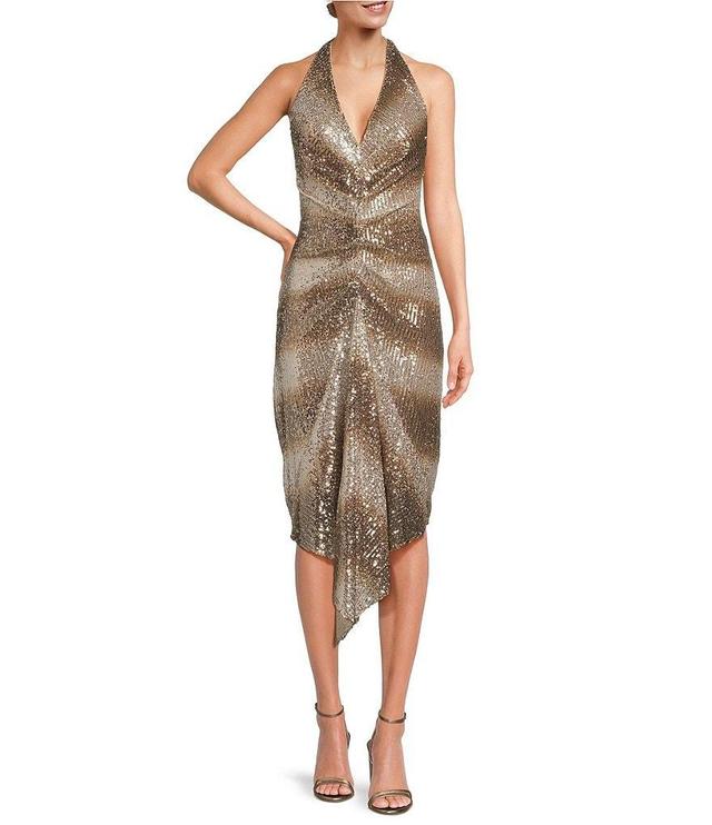 Belle Badgley Mischka Julia Sequin Ruched Ombre Halter Neck Sleeveless Drape Front Midi Dress Product Image