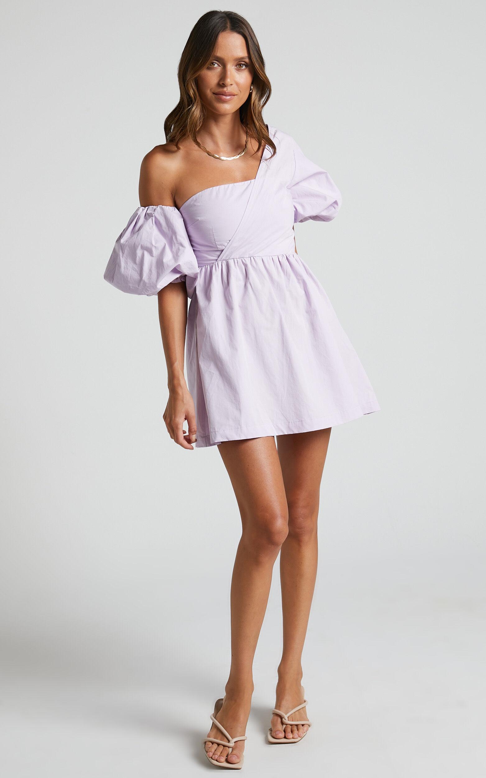 Sula Mini Dress - Asymmetric Off One Shoulder Puff Sleeve Dress in Lilac Product Image