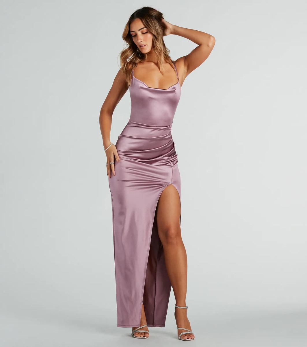 Stella Satin Cowl Neck High Slit Formal Dress product image