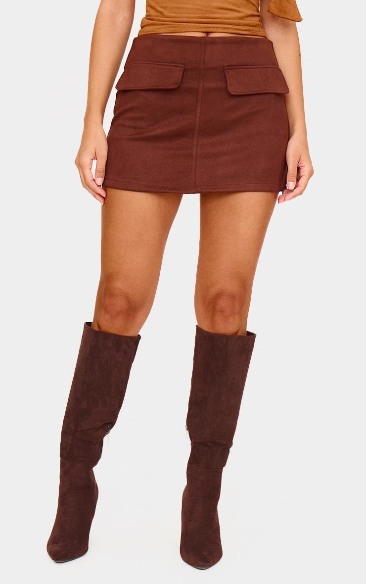 Chocolate Faux Suede Pocket Front Mini Skirt Product Image