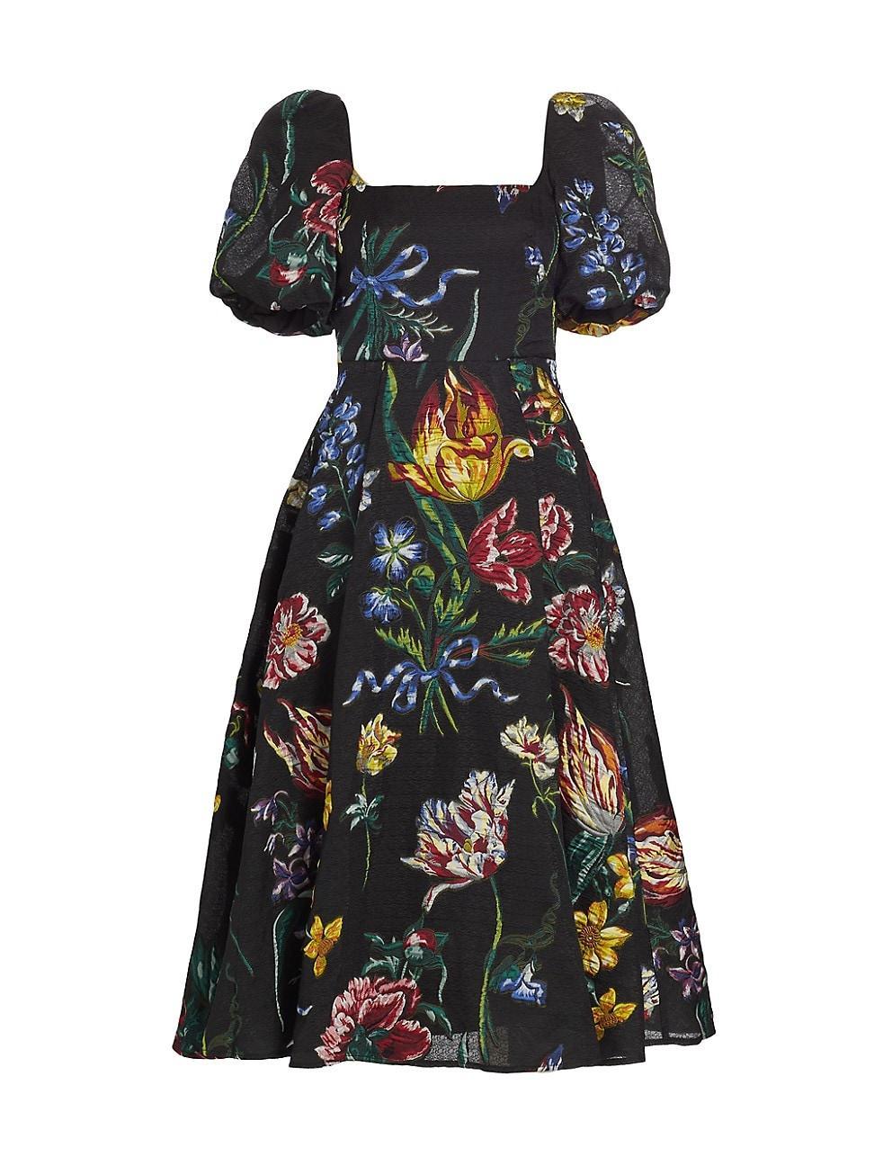 Womens Floral Jacquard Puff-Sleeve A-Line Dress Product Image