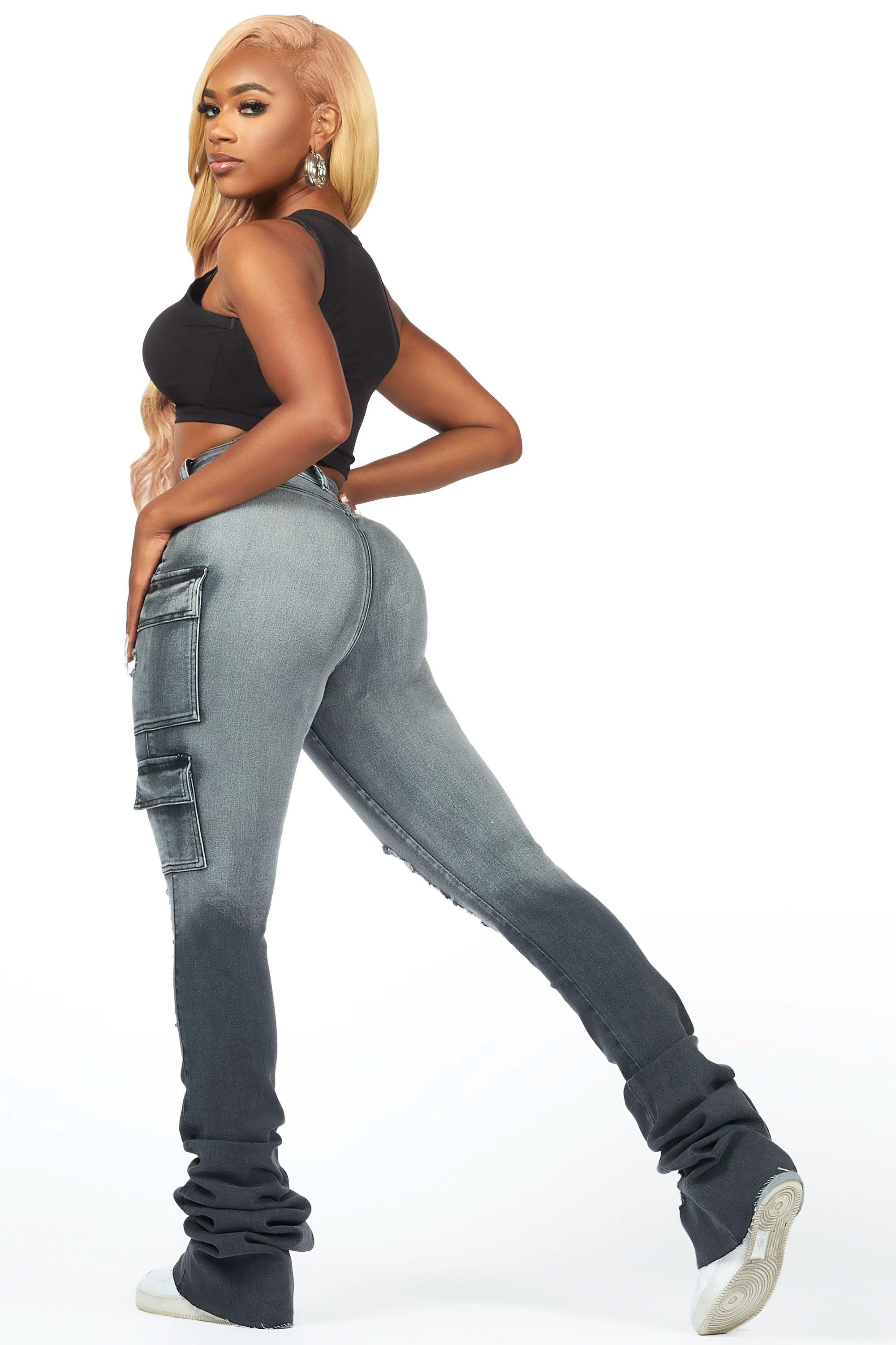 Vixen Grey Wash Distressed Cargo Super Stacked Jean Female Product Image