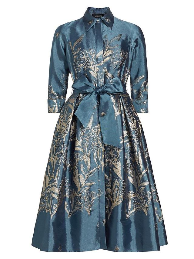 Womens Metallic Embroidered Jacquard Belted Midi-Shirtdress Product Image