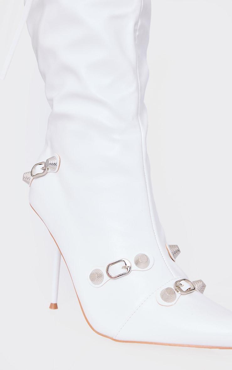 White Pu Zip Detail Point Toe Mid Heeled Knee Boots Product Image