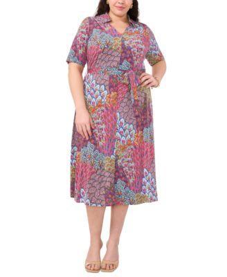 Plus Size Collared Printed Tie-Waist Midi Dress Product Image