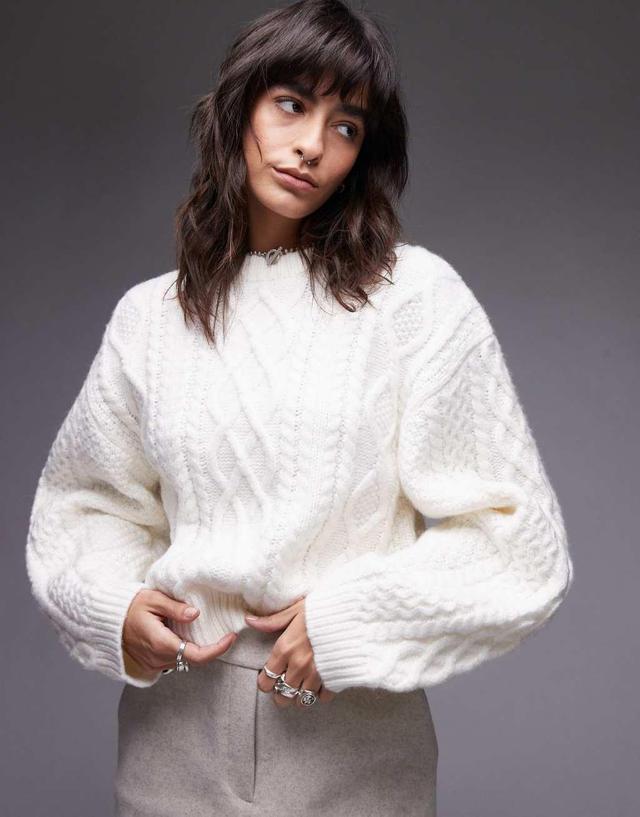 Topshop curved sleeve cable knit oversized sweater in ivory Product Image