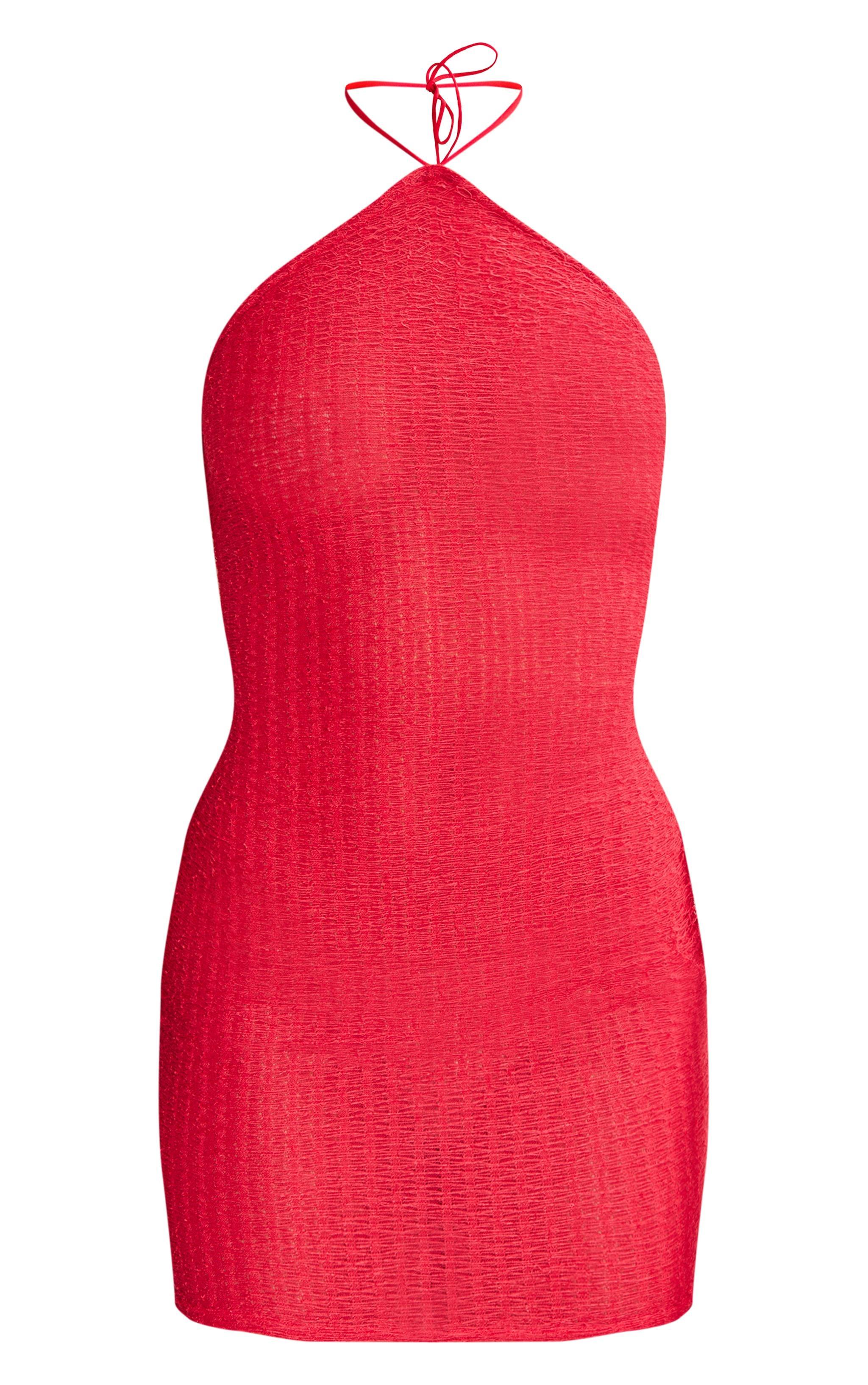 Red Eyelash Textured Halterneck Bodycon Dress Product Image