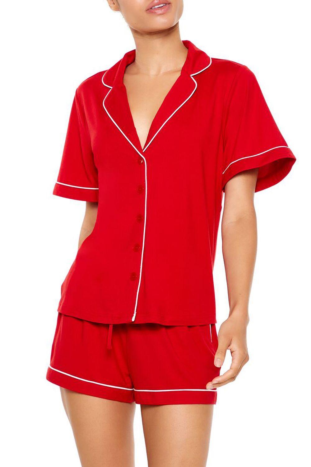 Piped-Trim Shirt & Shorts Pajama Set | Forever 21 Product Image