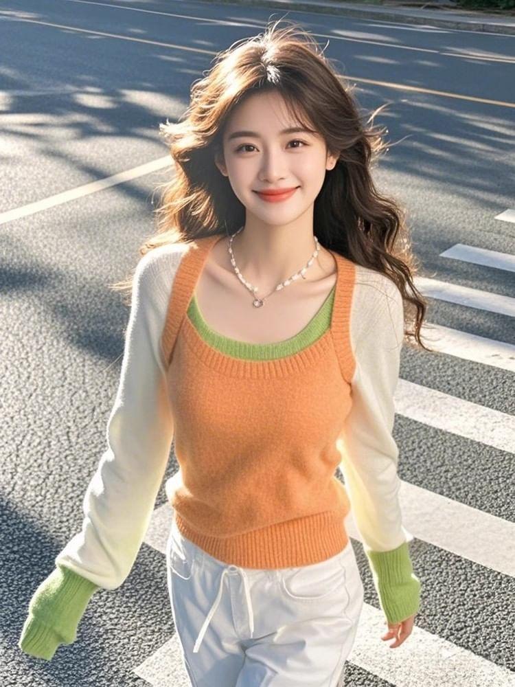 Long-Sleeve Scoop Neck Mock Two-Piece Color Block Knit Top Product Image