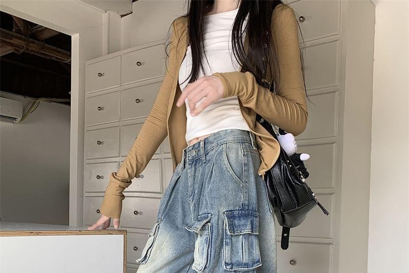 Mid Rise Washed Wide Leg Cargo Jeans Product Image