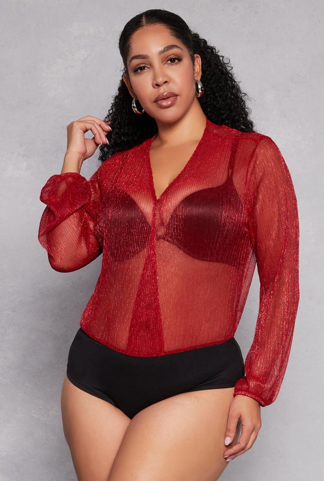 Womens Plus Size Lurex Surplice Bubble Sleeve Bodysuit Product Image