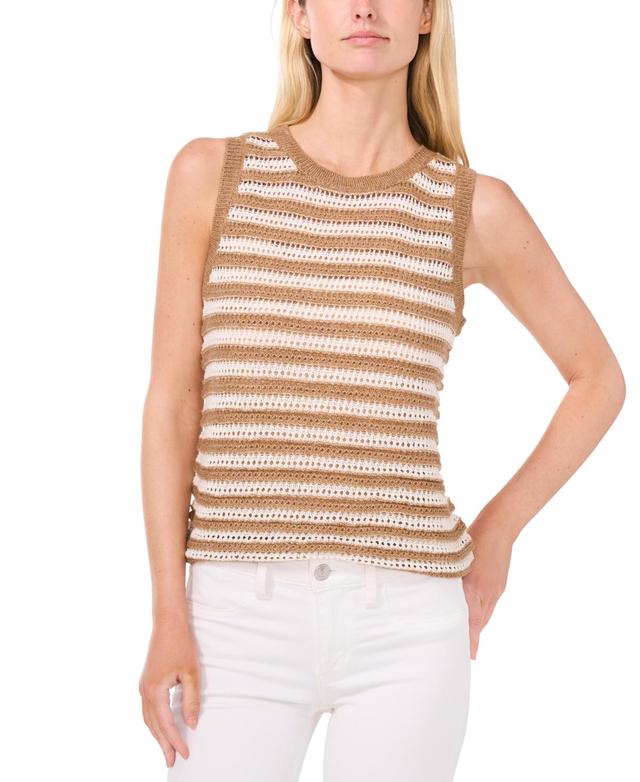 CeCe Womens Pointelle Stripe Crewneck Sleeveless Sweater Product Image