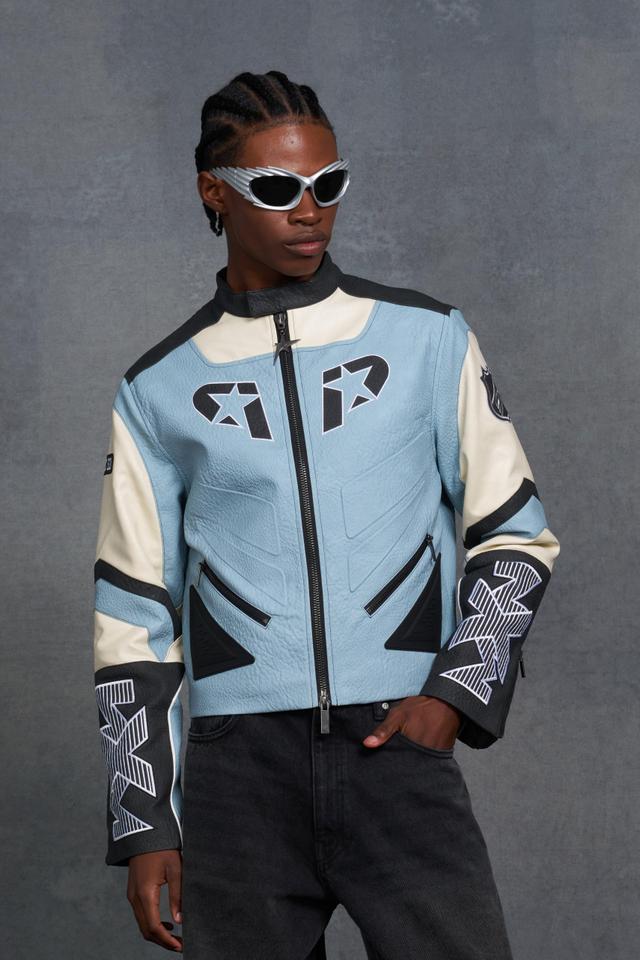 P-Star Boxy Faux Leather Panelled Moto Jacket | boohooMAN USA Product Image