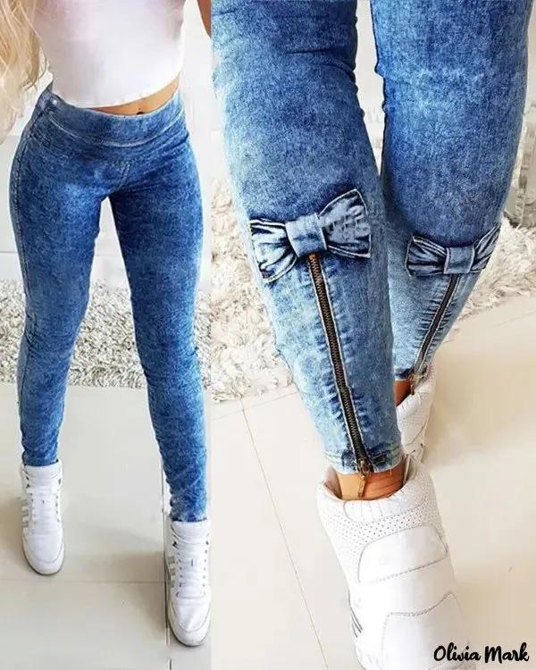 Olivia Mark – Bowknot Decor Zipper Hem Flakes Skinny Jeans Product Image