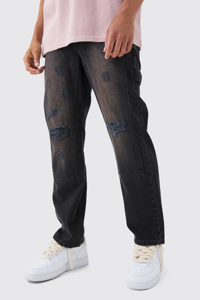 Relaxed Rigid Ripped Knee Carpenter Jeans In Washed Black | boohooMAN USA Product Image