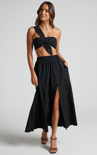 Sula Two Piece Set - One Shoulder Bralette Crop Top and Midi Skirt Set in Black Product Image