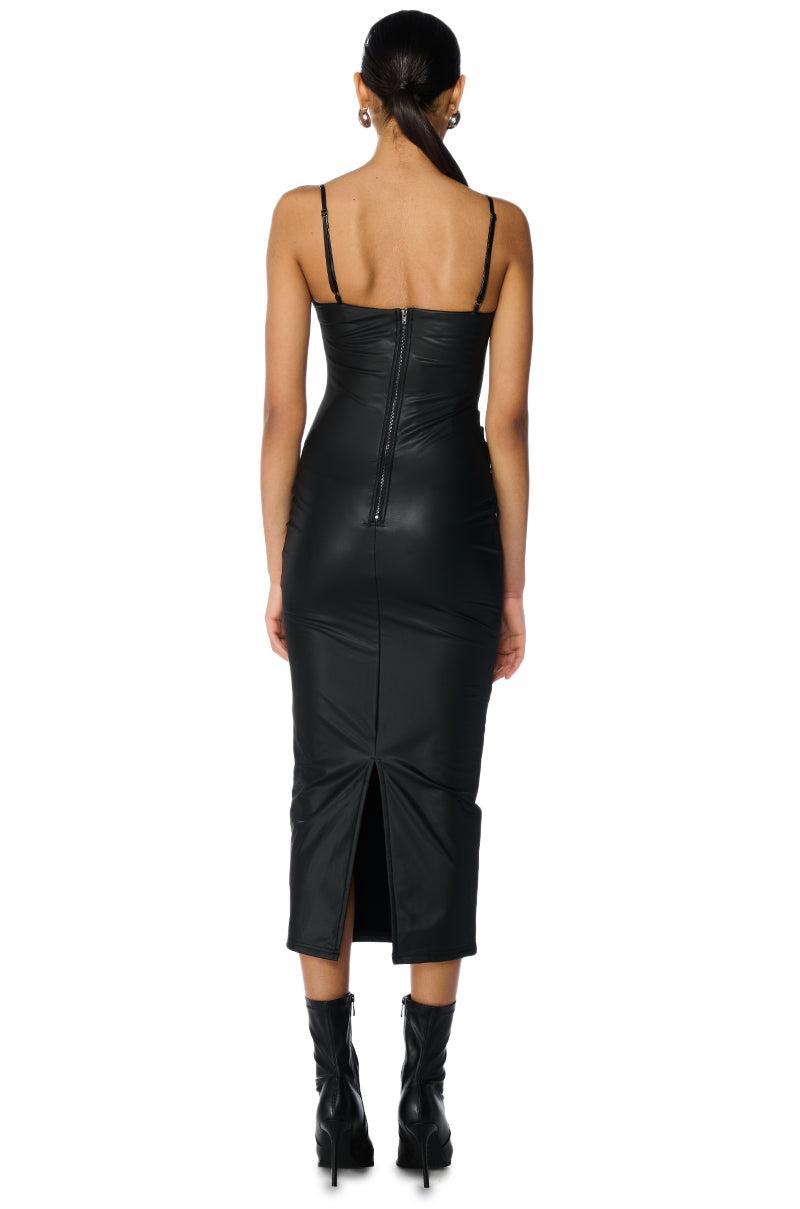 UP TO NO GOOD SLEEVELESS FAUX LEATHER MIDI DRESS WITH FOUR WAY STRETCH IN BLACK Product Image