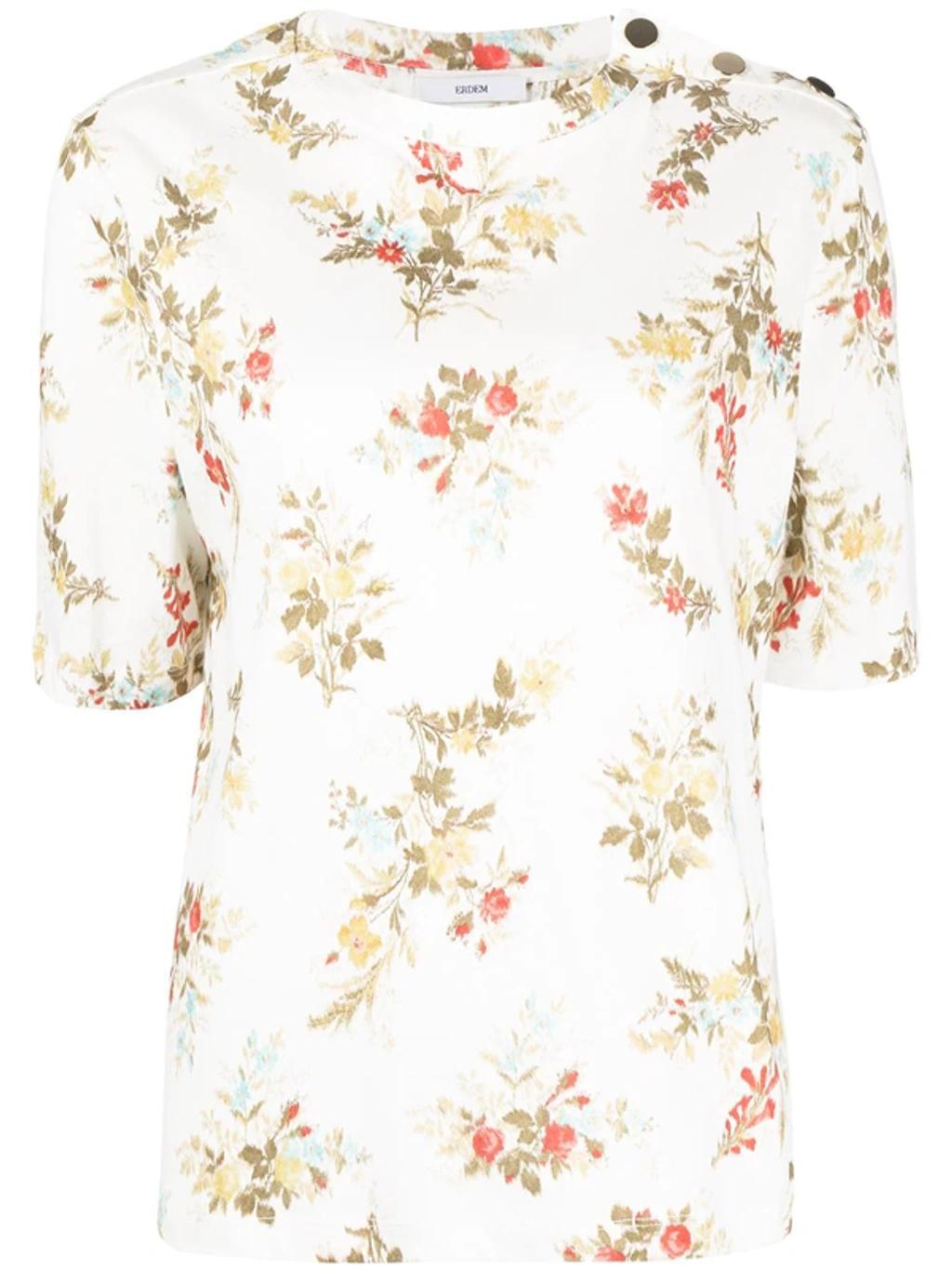 Sofia Floral-print Cotton-jersey T-shirt In Ivory Olive Product Image