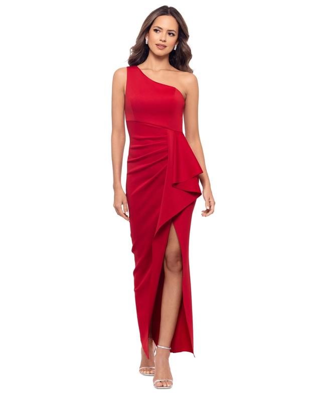 Xscape One-Shoulder Ruffle Scuba Crepe Gown Product Image