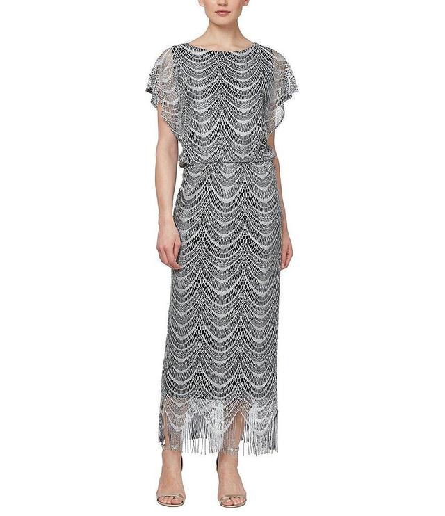 Ignite Evenings Short Sleeve Fringe Hem Crochet Blouson Round Neck Dress Product Image