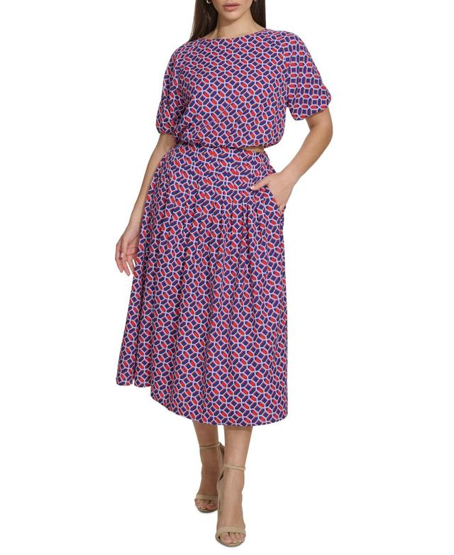 Women's Geo-Print Puff-Sleeve Midi 2-Pc. Dress Product Image