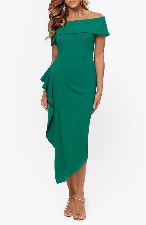 Betsy  Adam Off-the-Shoulder Short Sleeve Stretch Crepe Drape Front Sheath Midi Dress Product Image