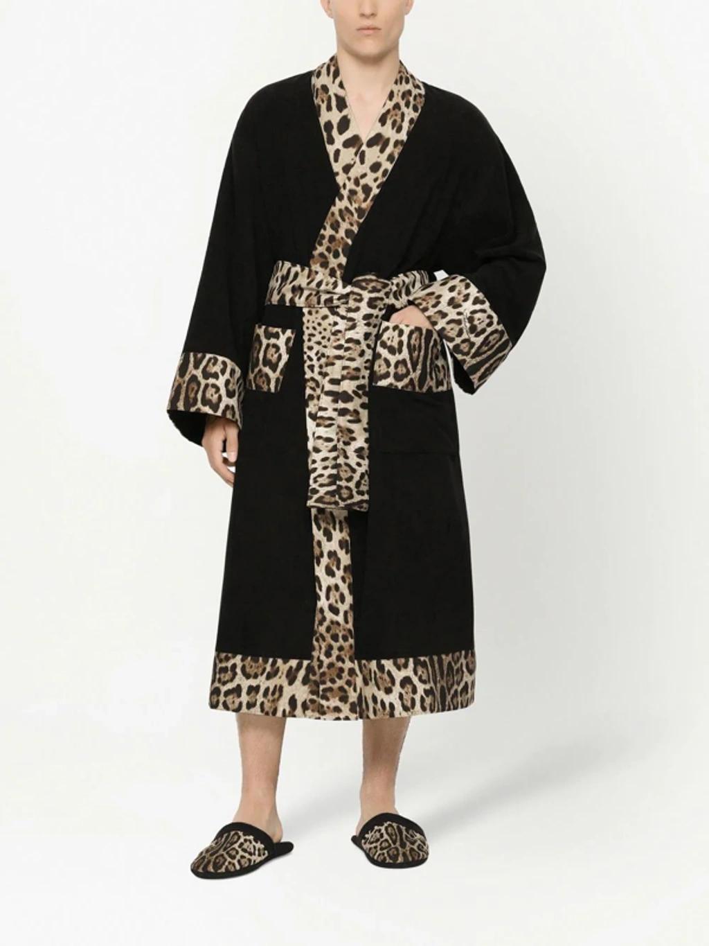 Leopard Print-trim Bathrobe In Black Product Image