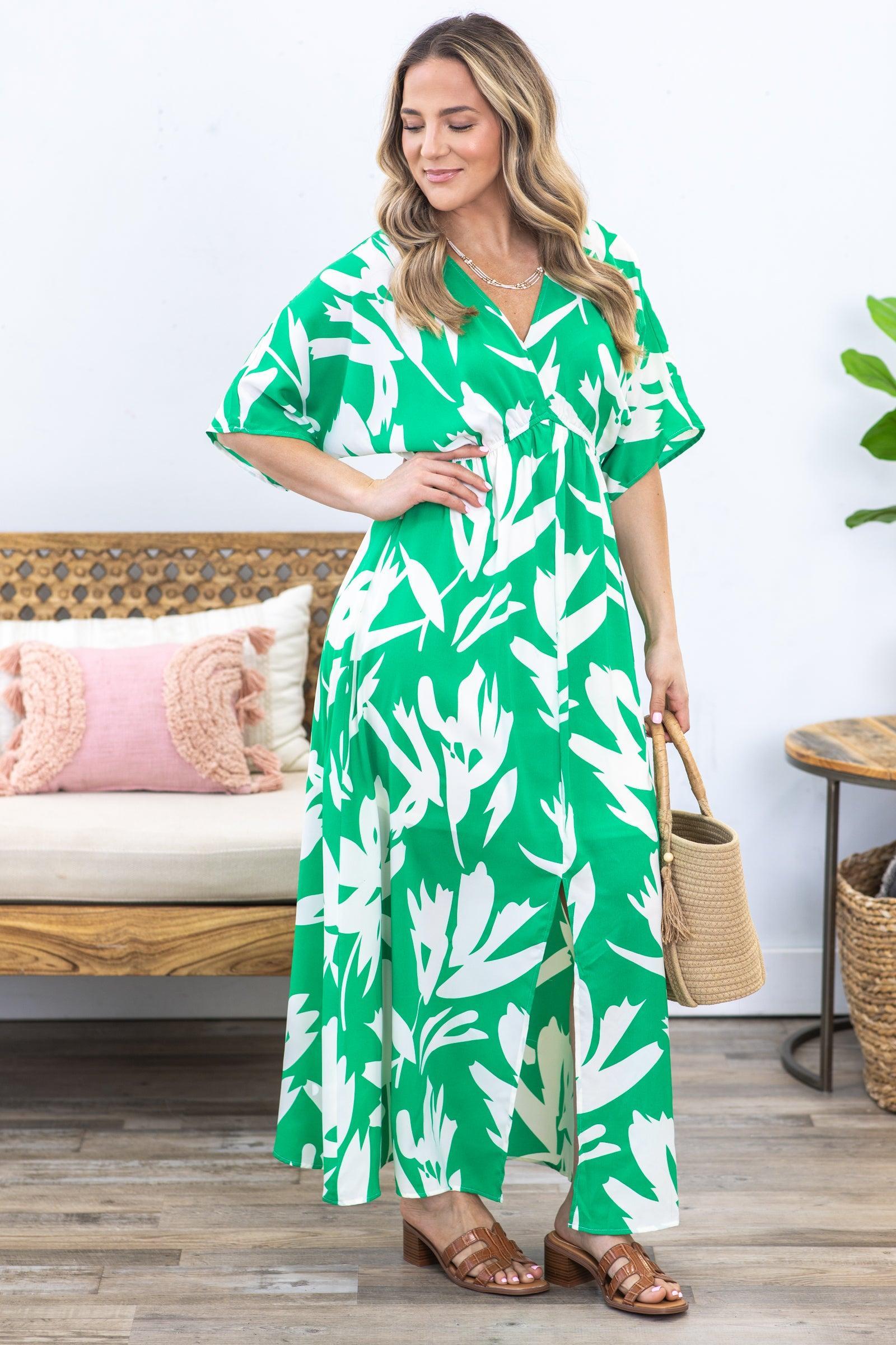 Kelly Green Print V-Neck Maxi Dress Product Image