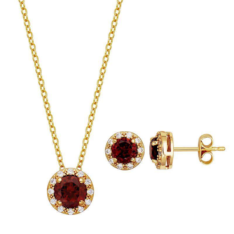 18k Gold Over Silver Garnet & Cubic Zirconia Halo Pendant Necklace & Stud Earrings Set, Womens, Gold Tone Product Image