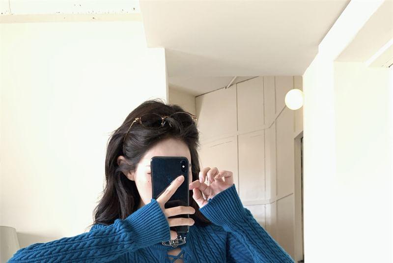 Long-Sleeve Crew Neck Plain Cutout Cable Knit Slim Fit Top Product Image