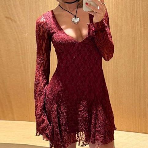 Long-Sleeve V-Neck Lace Mini A-Line Dress Product Image